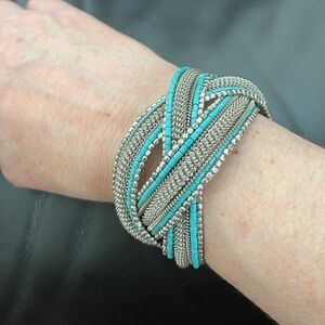BRACELET Turquoise Colour Silver Tone Beads Adjustable Wide Cuff Western Boho